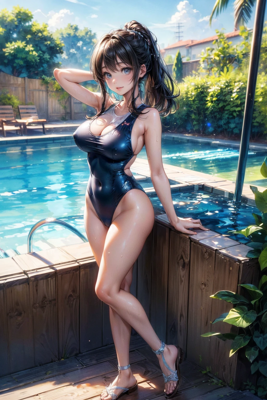 (masterpiece, Highest quality, Super detailed:1.3), Perfect composition, 4K, (Very detailed, Super detailed), Bright blue swimsuit, (Simple high-cut swimsuit)、High resolution, 8k Texture, Attention to detail, Very detailed肌の質感, Magnificent details, High Sharpness, One girl, (Fine grain:1.3), Many layers of eyes、(25-year-old woman:1.3), (skinny), (Big Breasts), ((Lively composition))、 Outdoor swimming pool side,smile、A pleasant looking face、Toned body、Shot from the back、turn around、Nipple swelling、Wear a plain white t-shirt over your swimsuit、Wet Skin、Stretching exercise with both arms extended、Sandals、Beautiful feet、