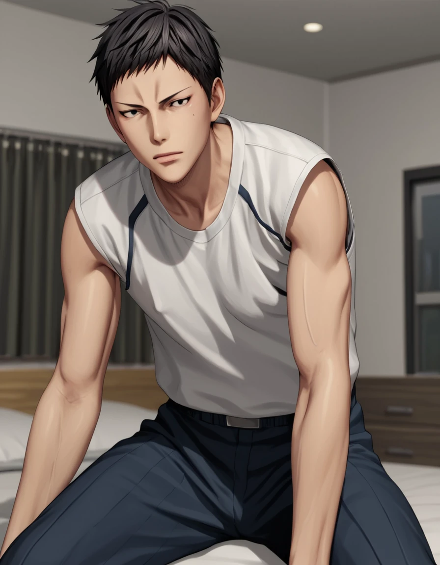 score_9, score_8_up, score_7_up, score_6_up, score_5_up, score_4_up, BREAK source_anime, 3d, ,yaoi , realistic handsome aomine daiki ,worker bedroom , slum 