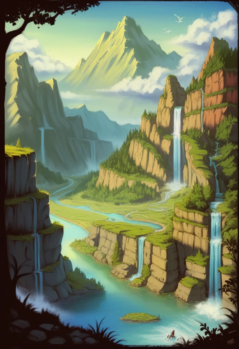 Masterpiece, ultimate quality, Cg unity 8k wallpaper, super delicate, beautiful sky and clouds, rich natural scenery, cliffs, lakes and rivers, waterfalls and flying water, beautiful green mountains, no trace of people, excellent scenery, has already won a photo contest, background Blurring, full depth of field, HDR high dynamics, true restoration, intricate, extreme details, dramatic presentation, perfectly presenting the style of midjourney art.