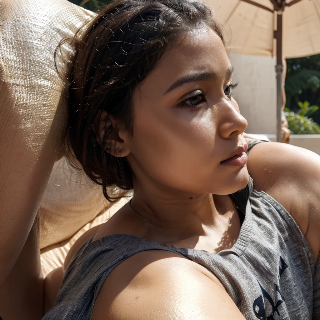 best quality,4k,8k,highres,masterpiece:1.2),ultra-detailed,(realistic,photorealistic,photo-realistic:1.37),srilankan 25 year old girl, with attractive facial features,beautiful detailed eyes,beautiful detailed lips,extremely detailed eyes, and face,longeyelashes,partialy fair skin. On a balcony of a hotel, peeking the beautiful sight, wearing a black T-shirt and grey trouser