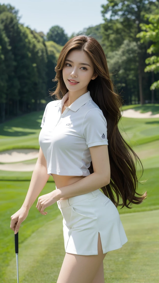 Highest quality,masterpiece,Ultra-high resolution,(Actual:1.4),Original photo,Ultra-high resolution，8K，There are women，Fair skin，Exquisite makeup，High heels，Long legs，Bright and beautiful,Super long brown hair,Hair with loose waves inside、reaching down to the waist、shy smile、Big Breasts、Female golf athlete At the golf venue,white tight polo shirt, white golf uniform skirt, no underwear,white sneakers,dynamic pose,during driver shot in dynamic position
