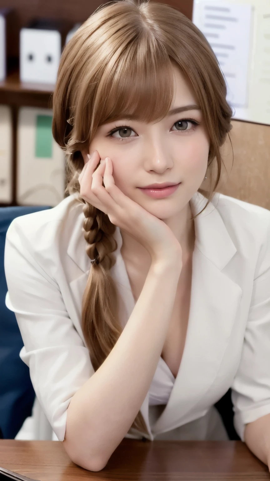 nsfw, (RAW Photos, Highest quality), (Realistic, photo-Realistic:1.3), masterpiece, Very delicate and beautiful, Very detailed, CG, Unity , 2k wallpaper, wonderful, In detail, A light smile, Very detailed CG Unity 8k wallpaper, Large file size, Very detailedな, High resolution, Absurd, Soft Light, (((Medium Hair:1.3), Short bangs, NovaFrogStyle)), Beautiful detailed girl, Detailed fingers, Very detailed eyes and face, Beautiful and detailed nose, Beautiful details, Long eyelashes, Light on the face, ((Cowboy Shot)), Show Viewer,((Office Suits:1.5)), One Girl, cute, young, Adult face, (sexy:1.3), Realistic face, Realistic body