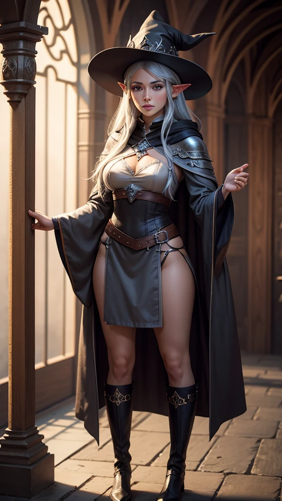 medieval setting, full view of body, 1 female elf mage,beatiful smokey eyes, silver hair, black mage robe with gambeson, wizard hat, leather boots