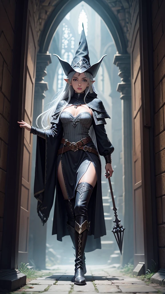 medieval setting, full view of body, 1 female elf mage,beatiful smokey eyes, silver hair, black mage robe with gambeson, wizard hat, leather boots