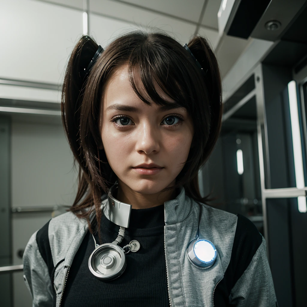 character. Robot girl from the future, in clothes. The face is clearly visible. looks straight into the camera
