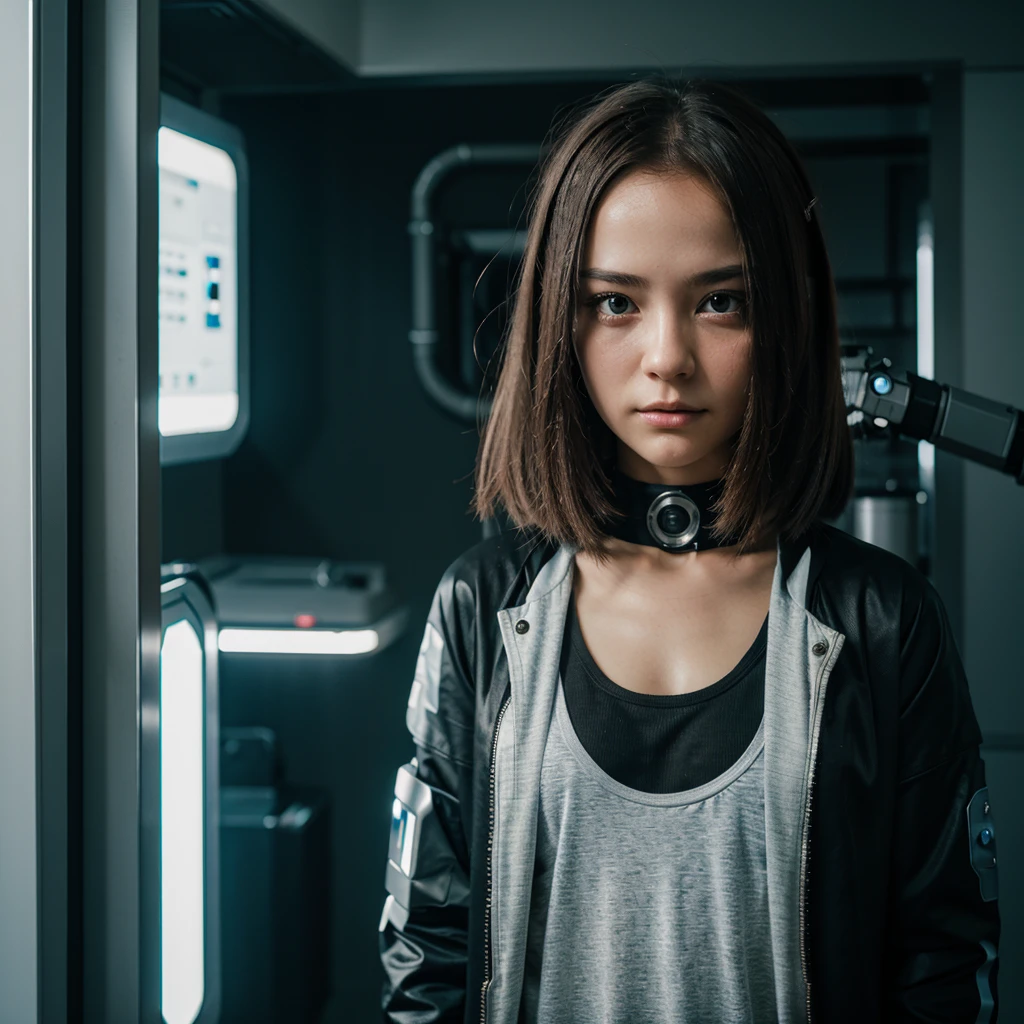 character. Robot girl from the future, in clothes. The face is clearly visible. looks straight into the camera
