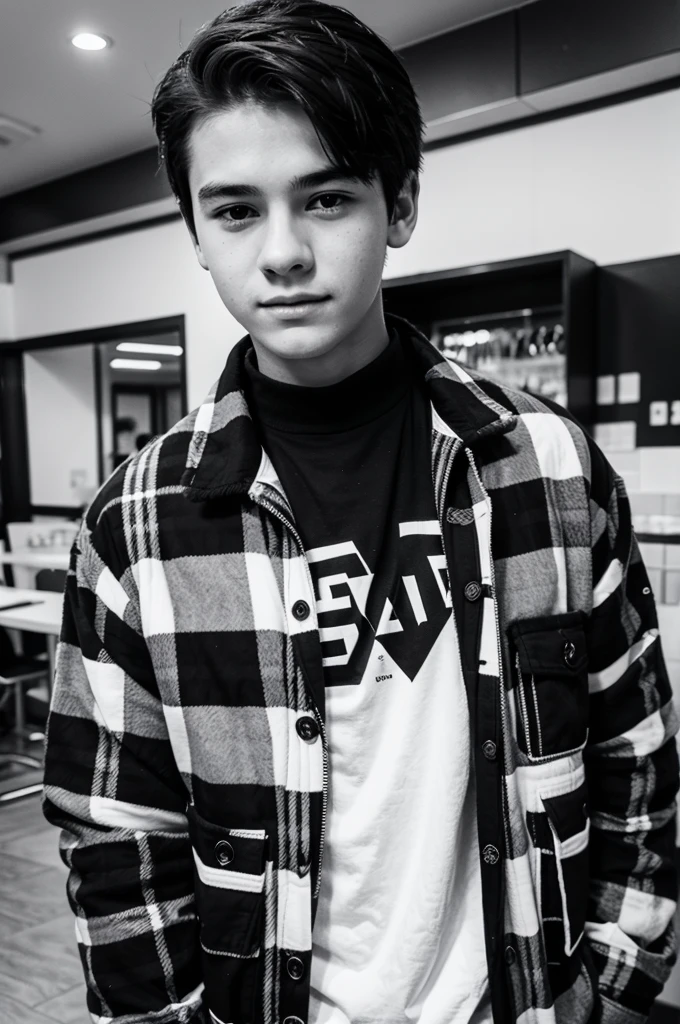  boy wearing a black and white flannel jacket