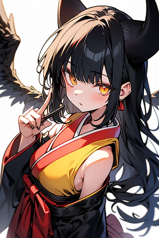 horn, hakama, black hair, yellow eyes, female