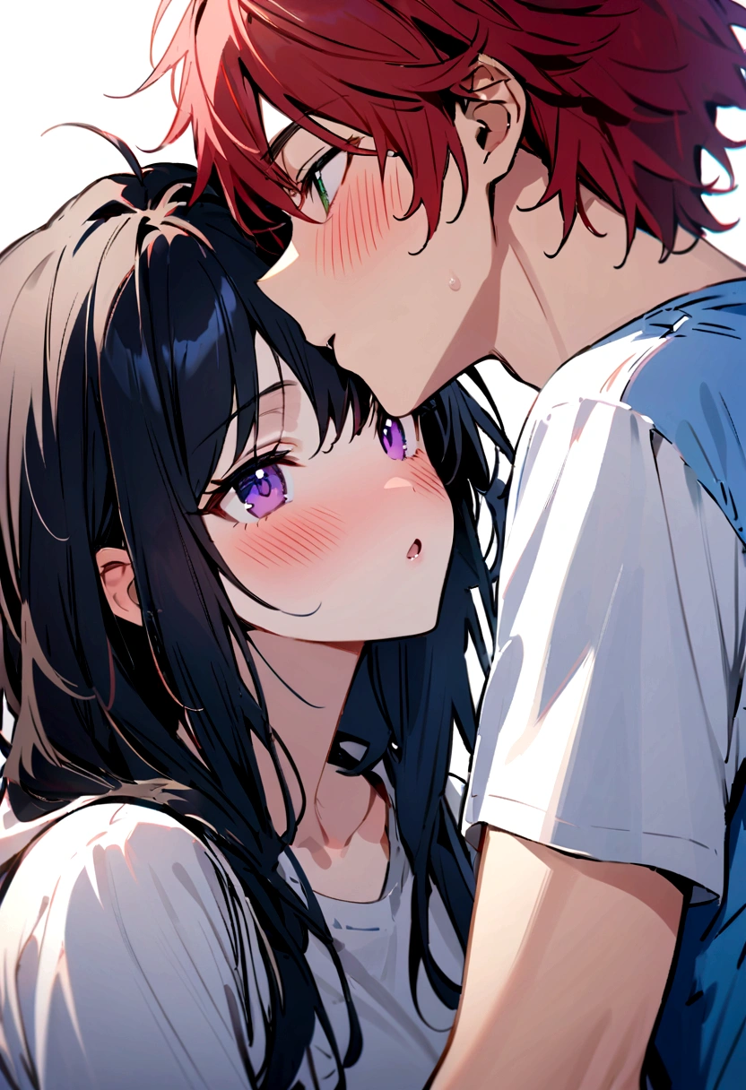 1male, red hair , messy hair, Hoodie , blue jeans , white t-shirt underneath, in love expression , best generation , masterpiece quality , Young male , blue Casual Clothing , green eyes, in love , blushing , with 1girl with long black hair and purple eyes kissing his cheek