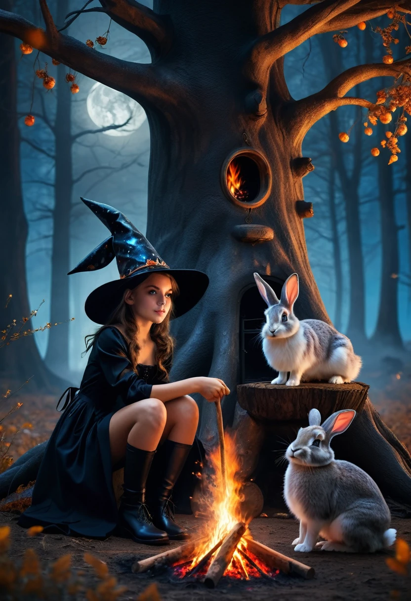Highest quality　Night Forest　Fantasy　Young witch　big tree　Bonfire　Two Rabbits