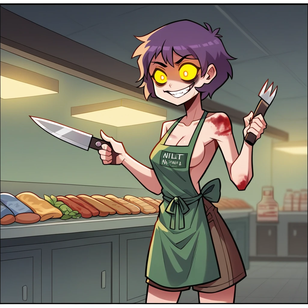 (masterpiece:1.3) 1girl, , (female serial killer:1.5) (skinny with an ugly face:1.3) working at Walmart, wearing an apron with topless under the apron, wide eyes, blood stains on clothes, short khaki shorts, big evil smile, (holding a knife:1.3), horror Walmart background, florescent grocery store lighting, deep shadows , extreme details, , complimentary lighting colors, deep skin, , brightly colored composition, "constricted pupils, small pupils, yellow glowing eyes", Slender Girl, OL, JK, purple bags_under_eyes, ( downblouse, BarbaraEvenot, Bags und