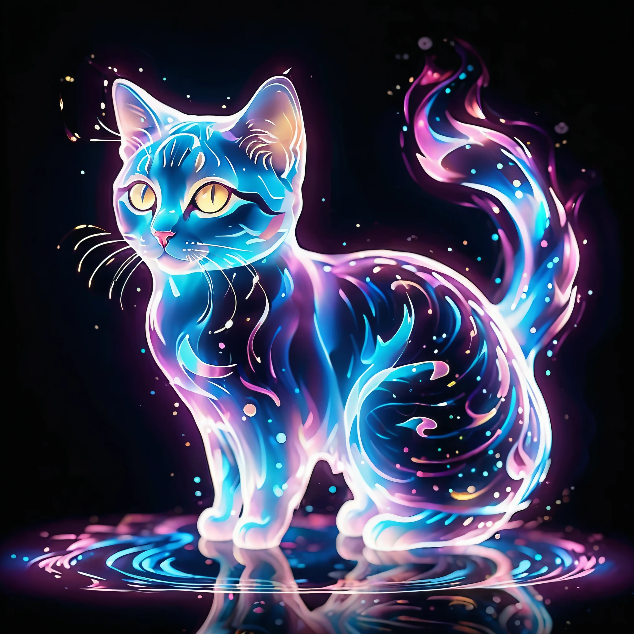 The glowing energy forms the shape of a cute cat, forming intricate patterns that ripple and change over time.