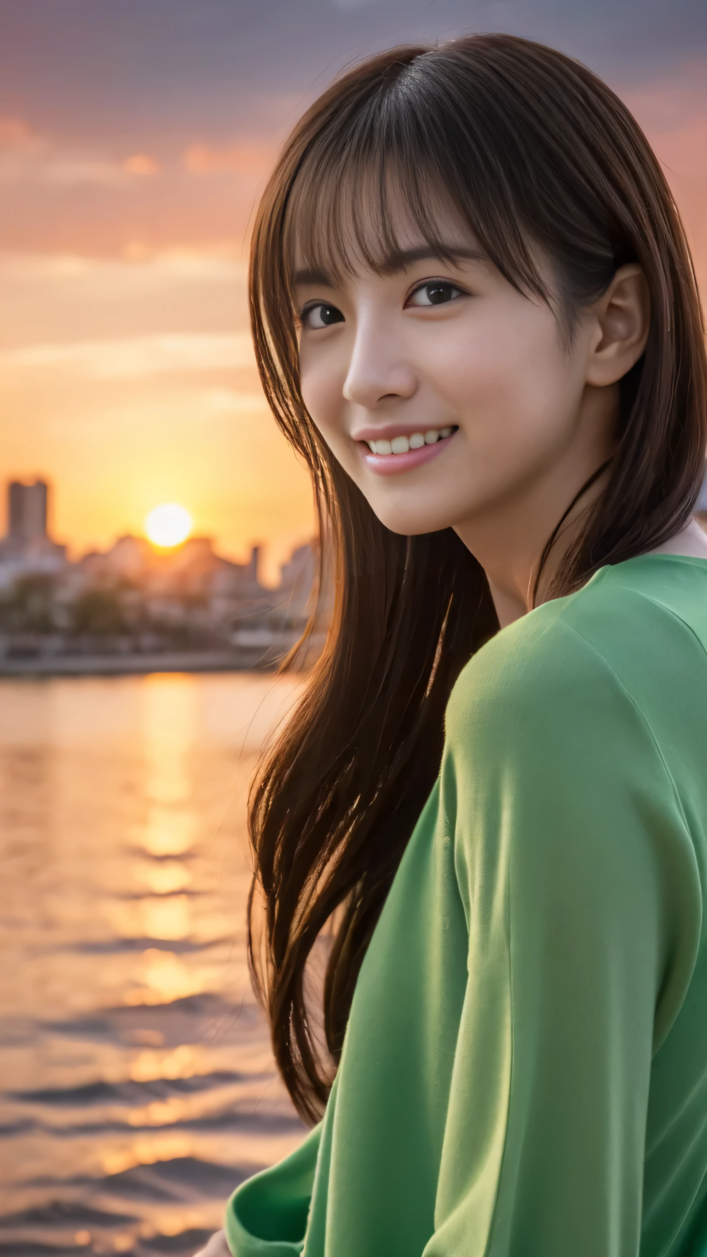 1 girl, (Green spring outfit:1.2), Very beautiful Japanese actress,
(RAW Photos, highest quality), (Realistic, Photorealistic:1.4), Tabletop, 
Very delicate and beautiful, Very detailed, 2k wallpaper, wonderful, 
finely, Very detailed CG Unity 8K wallpaper, Very detailed, High resolution, Soft Light, 
Beautiful detailed girl, Very detailed目と顔, Beautiful and detailed nose, Finely beautiful eyes, Cinema Lighting, 
Distant view of the buildings, (Sunset on the horizon:1.4), 
Bright Red Sunset, Sunset reflected on the surface of the water,
Complete Anatomy, Slender body, small, smile,
Pan Focus