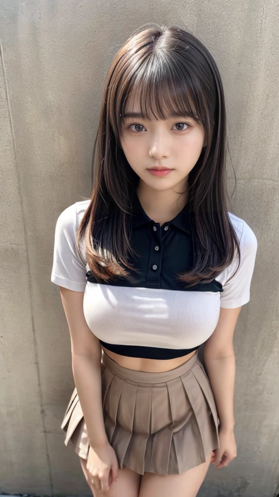 best quality, 8k, highly detailed face and skin texture, high resolution, big tits cute long hair japanese girl in white cropped shirt and short jeans, full body, sharp focus