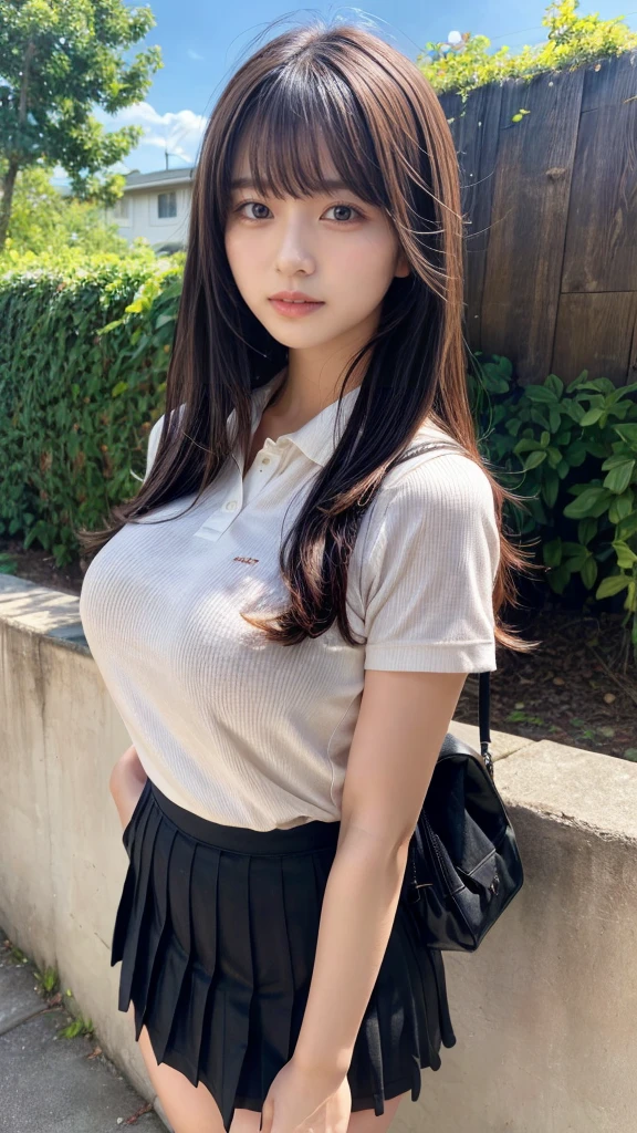 masterpiece, best quality, illustration, Super detailed, fine details, High resolution, 8K,wall paper, perfect dynamic composition, front view,full body, 18 year old girl, Gravure Idol, cute type, (Details High quality, realistic depiction of eyes:1.3), revealing clothes, large breasts, straight hair, bangs, black hair color, Big Natural Color Lip, perfect body shape, plump figure,polo shirt, pleated skirt, mini skirt