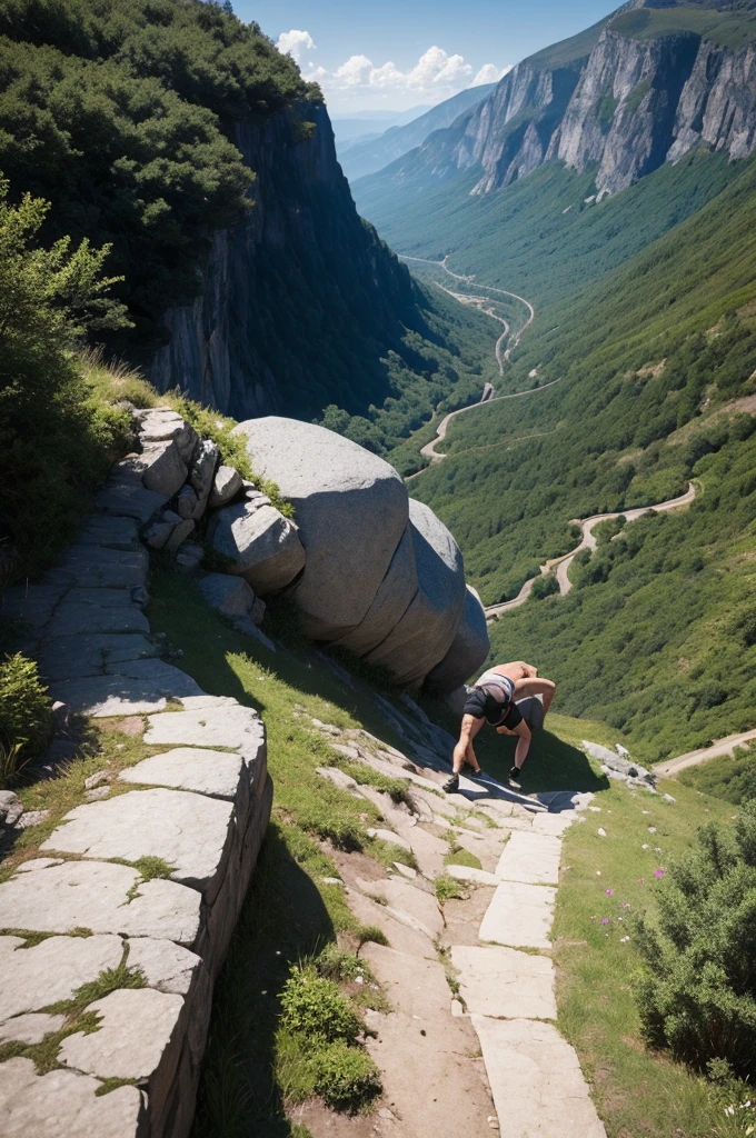 Generate an image of a man climbing a steep slope by rolling a rock to the top imitating the myth of Sisyphus from Greek mythology