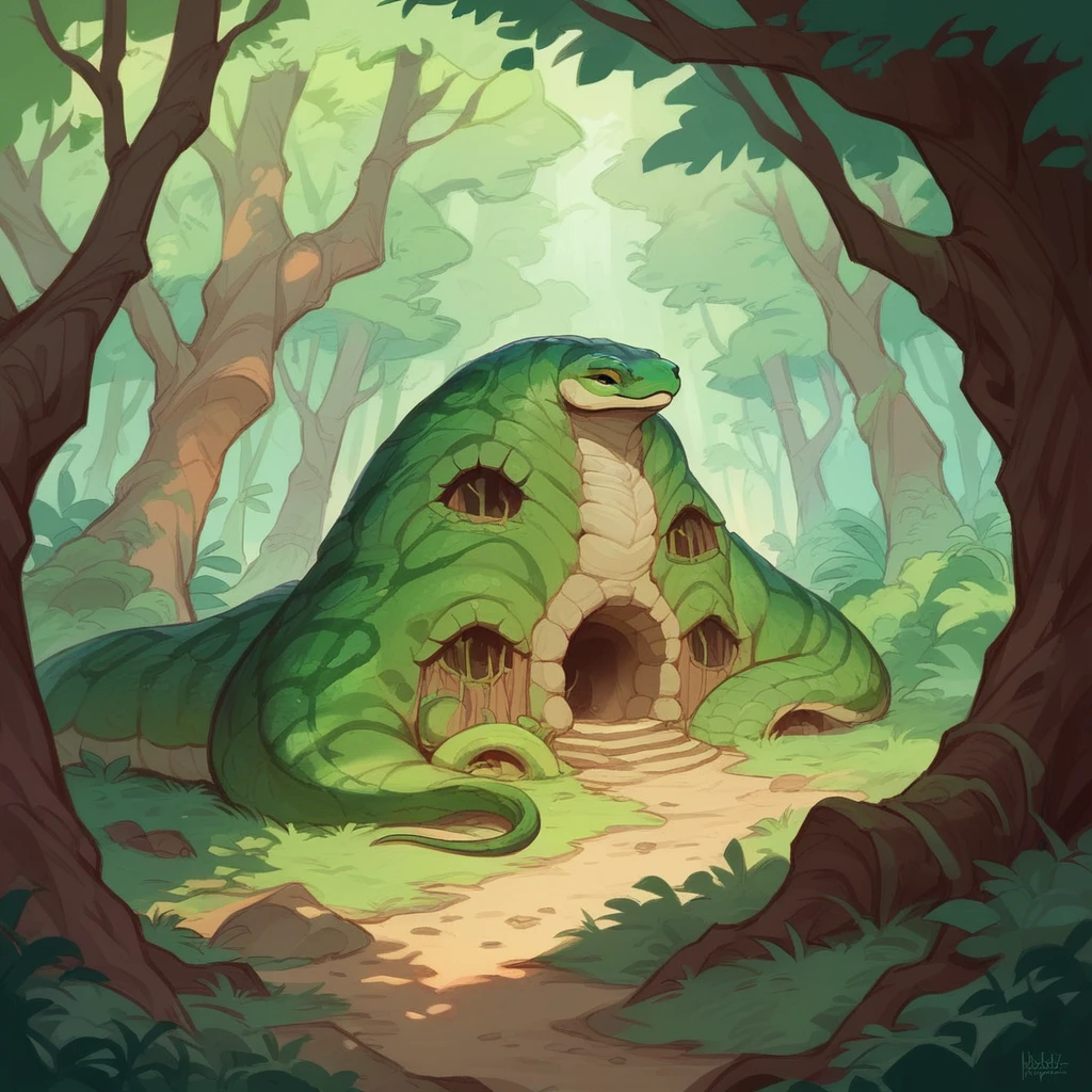 create a realistic image, amazon rainforest with a green anaconda snake, should be tow birds, with dangerous trees 