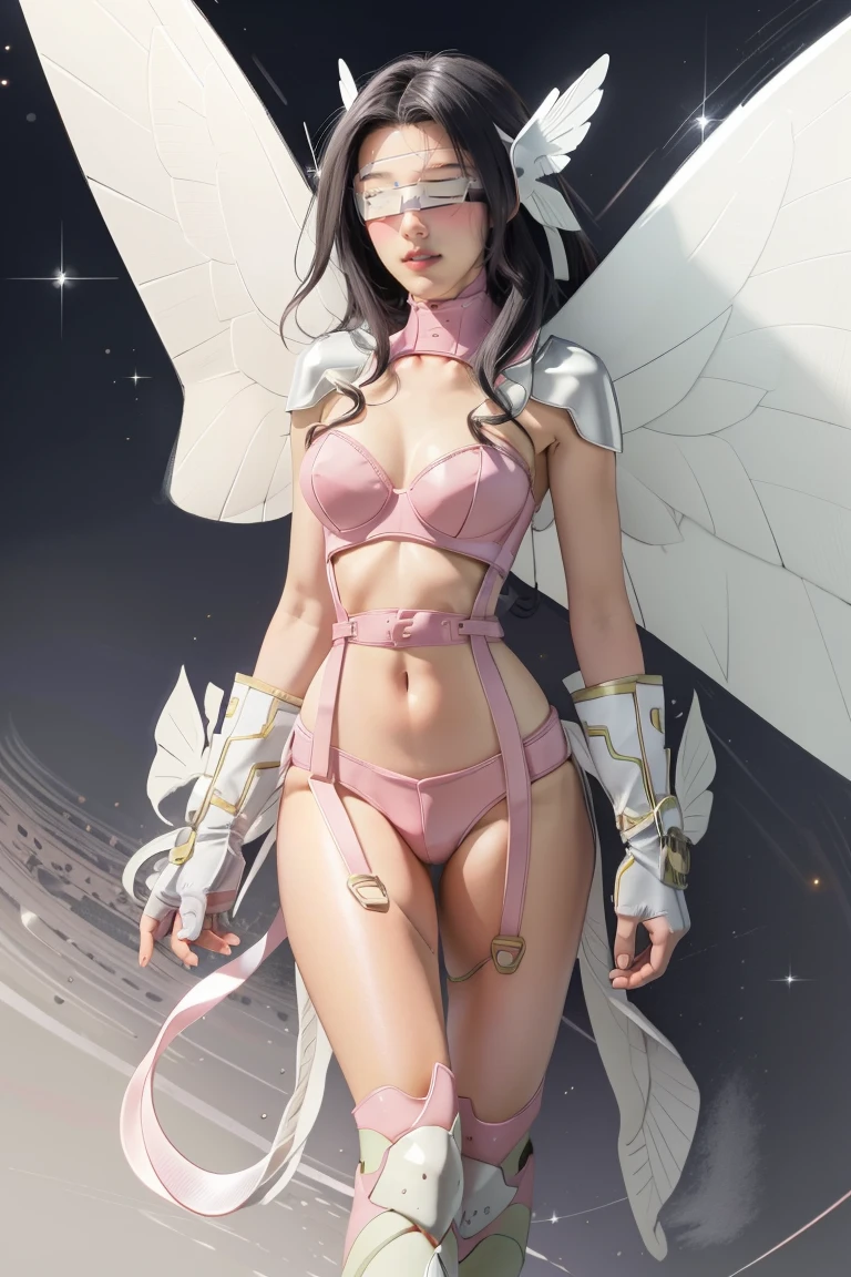 best quality, intricate details,
1girl,  Angewomon, winged helmet, helmet over eyes, helmet on, covered eyes,white multiple wings, white wings, pink hagoromo, single glove, strapless,white bodysuit, gold strapless bra, black belt, two belts, collabrone, bare shoulders, body, full body,