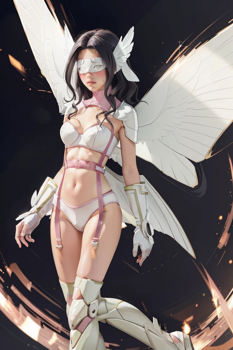 best quality, intricate details,
1girl,  Angewomon, winged helmet, helmet over eyes, helmet on, covered eyes,white multiple wings, white wings, pink hagoromo, single glove, strapless,white bodysuit, gold strapless bra, black belt, two belts, collabrone, bare shoulders, body, full body,