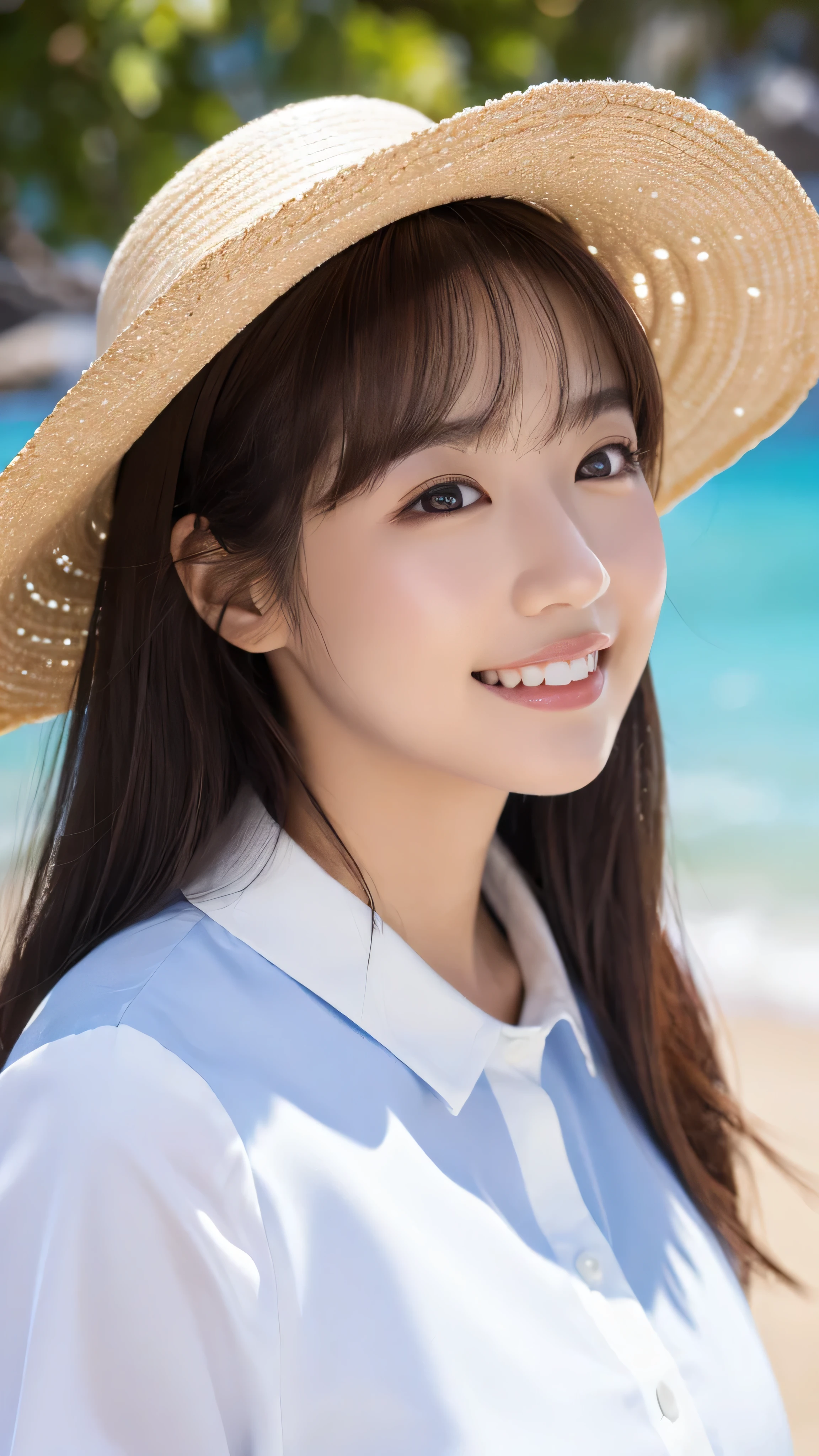 ((Highest quality、Tabletop、8K、Best image quality、Extremely intricate and detailed))、(1 person photo:1.1)、(Look at me with your best smile:1.1)、(Beautiful beaches:1.1)、(White polyester high short sleeve collar shirt:1.1)、(The perfect short sleeve collared shirt:1.1)、Accentuate your body lines、The most natural and perfect sea background、The clearest and most beautiful sea、(Very large breasts:1.1)、(Face close-up:1.2)、Attractive body、Hair swaying in the wind、Sandy Beach、Beautiful sea、The clearest and most shining sea、Complex sea glow、The most detailed and realistic ocean、The details of the beautiful sea are depicted.、(Very brightly lit face:1.2)、Ultra-high definition beauty face、(Ultra high resolution perfect beautiful teeth:1.1)、Ultra HD Hair、Ultra-high definition sparkling eyes、(Pure white skin shining in ultra-high resolution:1.2)、Ultra-high quality glossy lips、The cutest gravure pose、(Very bright and vivid:1.2)、(Very bright:1.2)、(Very refreshing:1.1)、(Glowing white beautiful skin:1.2)、(Very strong exposure:1.2)、(Pure white skin that shines Very brightly:1.2)、(Very strong highlights:1.2)、(Very bright and glowing skin:1.2)、Blurred Background