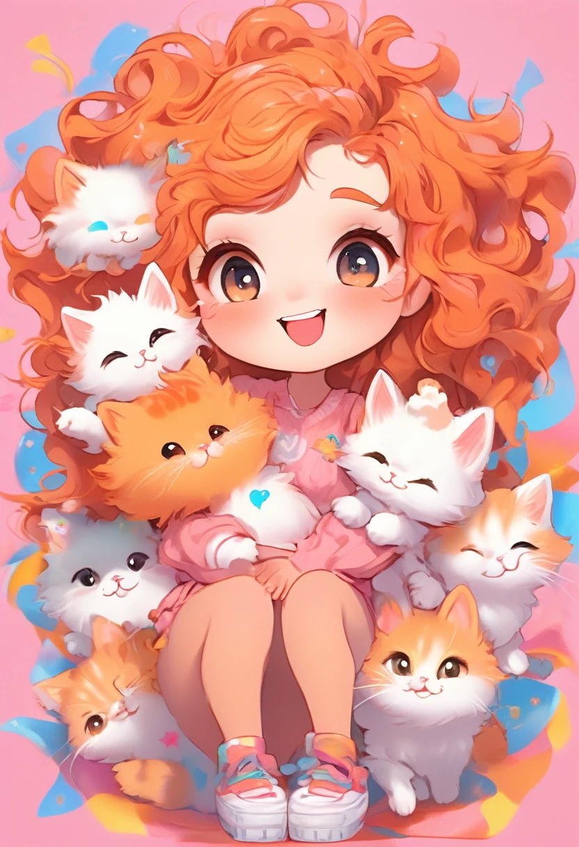 (chibi, big head, full body, super deformed), best quality, super fine, 16k, incredibly absurdres, extremely detailed, 2.5D, delicate and dynamic depiction, cute girl, smiling, orange messy wavy hair, ahoge, holding a cute fluffy cat in her arms, dancing notes effect, pastel and vivid colors background, portrait