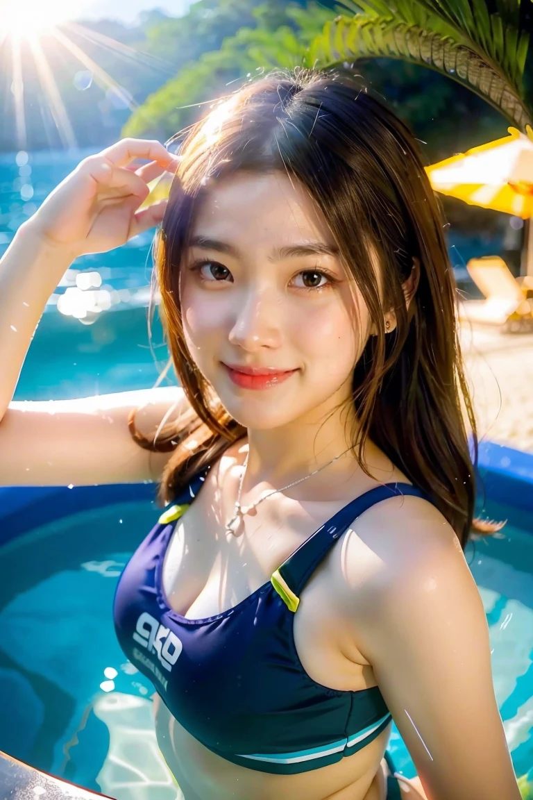 selfie, 1girl, GoPro camera, Hong Kong, pretty girl, sexy bathing suit, beach, wet, smile, sharp facial features, soft lighting, fisheye lens, sun flare, best quality,4k,8k,highres,masterpiece:1.2,ultra-detailed,realistic,photorealistic,photo-realistic:1.37,HDR,UHD,studio lighting,ultra-fine painting,sharp focus,physically-based rendering,extreme detail description,professional,vivid colors,bokeh