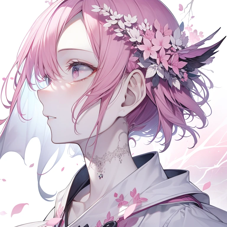 [(White background:1.5)::5] hexagonal shaped,(Detailed face:1.2),Immortal attitude, , peaked, deep gorges, Stars, Turbulent winds, Pink clouds, , portal, Smoke, loimu, Mystical runes, Ancient robes, Pink petals, Halo,Lightning,thunder ,profile view