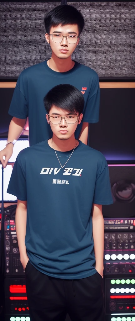 21 year old Beijing boy, he is wearing a oversize blue t shirt XXL, he is wearing black trousers, he is wearing black sneakers, he is wearing glasses, he is Master of Ceremony in front of a DJ set , NIGHTCLUB, full body,  he is buzz cut Hair, foot