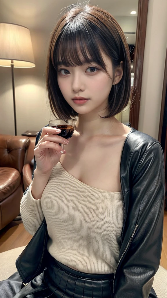 masterpiece, best quality, illustration, Super detailed, fine details, High resolution, 8K,wall paper, perfect dynamic composition, front view, upper body, Upper body only, slatternly posture, She is staring at us with teary eyes., 18 year old girl, Gravure Idol, cute type, (Details High quality, realistic depiction of eyes:1.3), revealing clothes, short bob hair, bangs, black hair color, Dark makeup, Big Natural Color Lip, perfect body shape, plump figure, beautiful clavicle, Black leather jacket, Knit sweater that goes all the way down to the neck, pleated skirt, hotel room, drinking party, Drunk and disorderly.