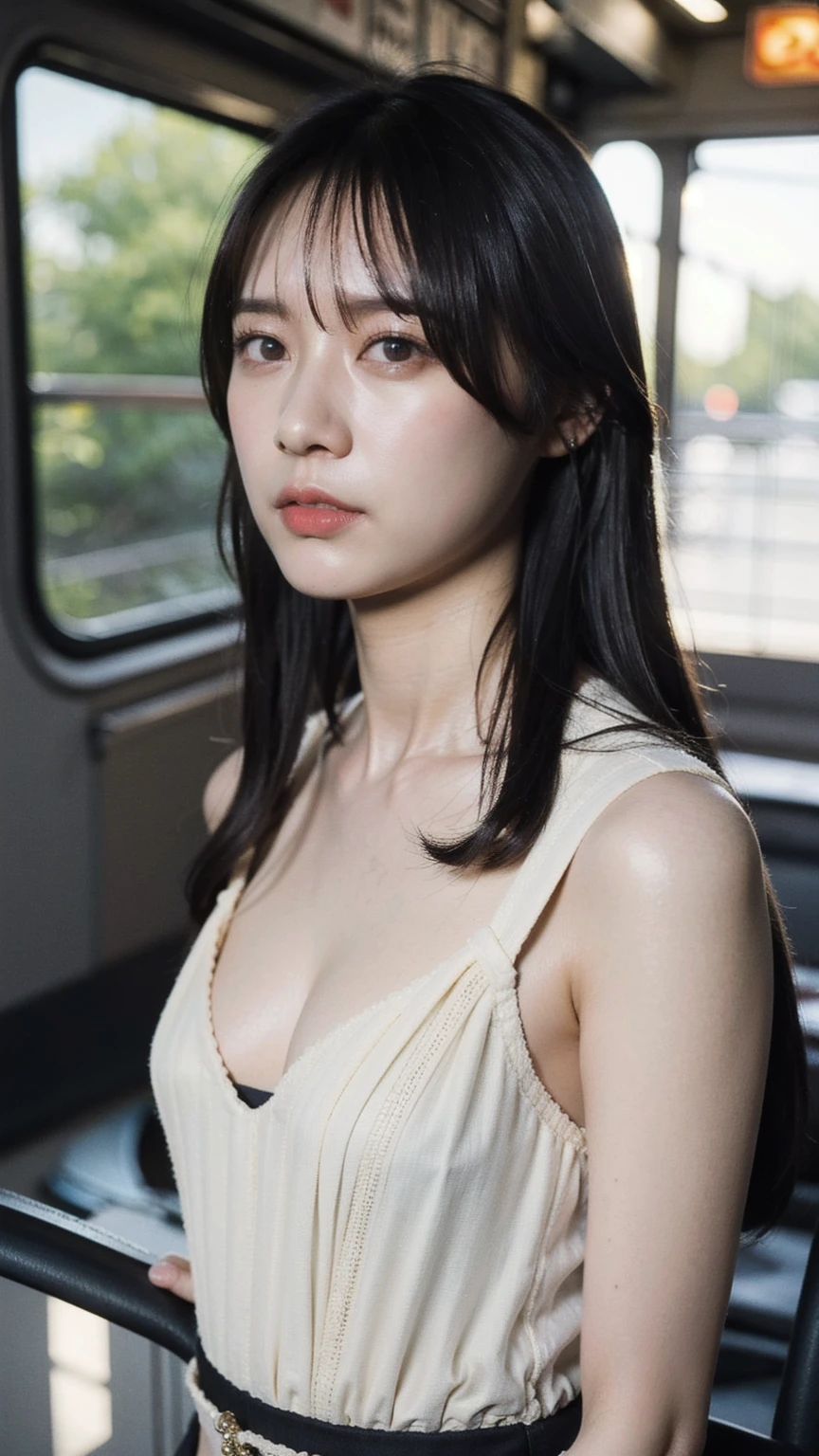 realistic photos of (1 cute Korean star) flipped hair, thin makeup, (big breasts size), sexy erotic tiny string of G-string lingerie, at the train station, clear facial features of Canon EOS, 16k, high resolution, sharp and realistic details,  overexposure, cut-in, UHD, high res, best quality, full body into knee, skinny thighs, look at viewer