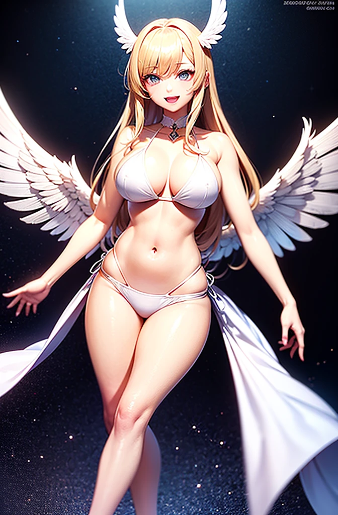 最high quality, high quality, 8K、High resolution,Highest quality、solo、胸に翼のある白いビキニ姿のtallのadult female angelを下から、Very beautiful proportions、belly button、Thighs、tall、Adult woman in a white bikini, Archangel Style、super Wild Angel, A happy open-mouthed smile、Thighs、Naturally Shaped Fingers、Long neck、from the front、Looking at each other, our eyes met、belly button、Blonde hair and blue eyes、Majestic Angel, Anime Goddess, Wild Angel, thick, Beautiful and attractive anime woman, Huge and stunning goddess shots, Angel Adult Woman, adult female angel, She has angel wings on her back,Highly detailed goddess shot