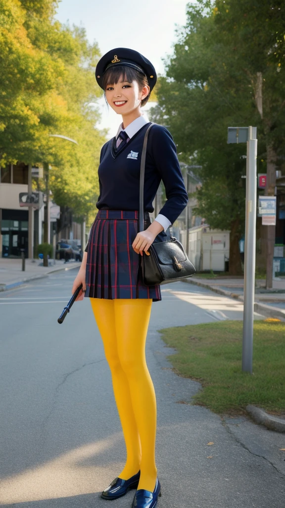 Raw photo, highest quality, masterpiece, high resolution, detailed, (Photoreal: 1.4), clear outline, 20 years old, (smile: 1.2), looks at the viewer, circular iris, circular clear pupil , perfect hair, perfect ears, pores, realistic skin texture, perfect Japanese bus guide uniform, jump skirt uniform, small hat, (black loafer shoes), (large striped ribbon), yellow Standing outside the bus with a stick in hand, black handbag, sunlight, realistic shadows, background of the parking lot where the bus is parked, cinematic lighting, BREAK (black pantyhose),