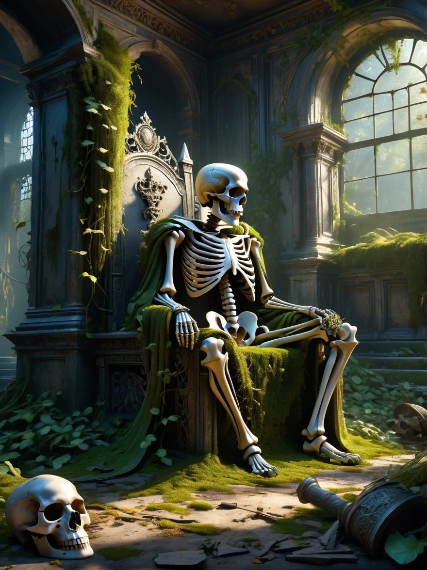 (best quality, 8k, highres, masterpiece:1.2), ultra-detailed, (realistic, photo-realistic:1.37), A decrepit skeleton sitting on a dilapidated throne in a ruined throne room,a crown with remnants of gold on its skull, a broken iron sword embedded in the ground,intricate bone details,decayed fabrics draped over the skeleton,crumbling walls, overgrown moss and vines, scattered debris, dramatic lighting casting shadows, eerie atmosphere, high contrast, dramatic HDR, ultra-fine painting, sharp focus, physically-based rendering, (concept art style)