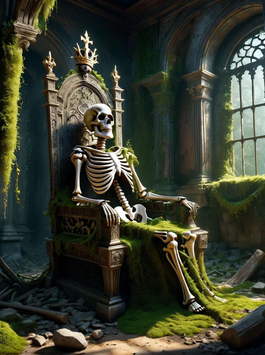 (best quality, 8k, highres, masterpiece:1.2), ultra-detailed, (realistic, photo-realistic:1.37), A decrepit skeleton sitting on a dilapidated throne in a ruined throne room,a crown with remnants of gold on its skull, a broken iron sword embedded in the ground,intricate bone details,decayed fabrics draped over the skeleton,crumbling walls, overgrown moss and vines, scattered debris, dramatic lighting casting shadows, eerie atmosphere, high contrast, dramatic HDR, ultra-fine painting, sharp focus, physically-based rendering, (concept art style)