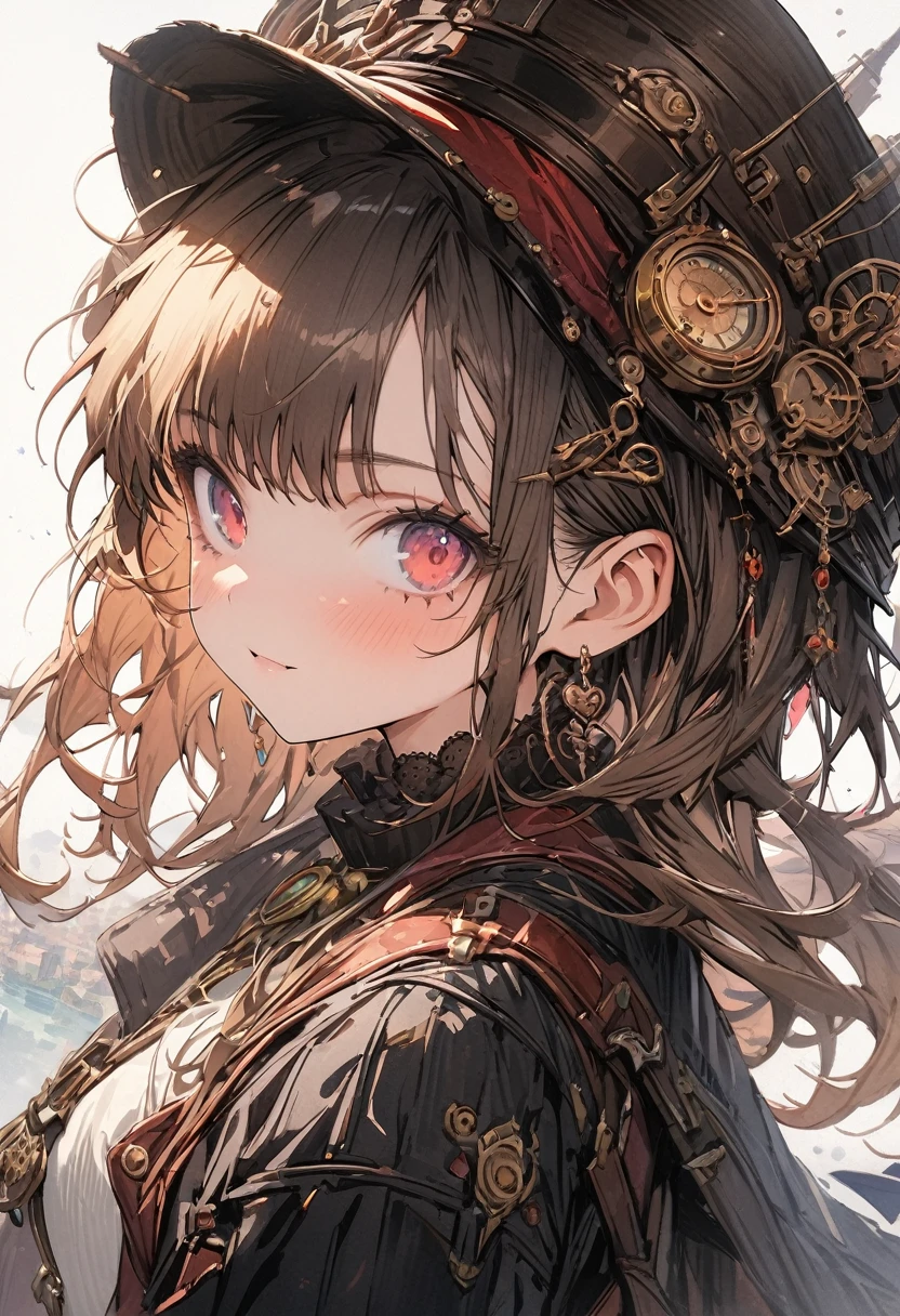 steampunk, (masterpiece, best quality, highly detailed, absurdres:1.3), (1girl, cute, charming, detailed beautiful face:1.3), (fantastic illustration, beautiful detail, best quality, top quality, fain touch outline:1.3), watercolor, clear, background steampunk city, flying airship, beautiful scenery, full body shot, beautiful detail