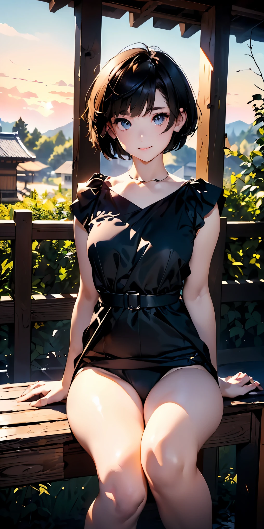 8K, masterpiece, Highest quality, Ultra-high resolution, Highest Resolution, Very detailed, Professional Lighting, Orange lighting、Backlight、Detailed CG、Low angle from the front、Full Body Shot、Beautiful woman、Beautiful Eyes、(Detailed Faces and Faces:1 2)、Narrow eyes、Almond Eye、Brown eyes、Gradient Eye、highlight:1.2)、(Beautiful black hair、short hair、(Fuller lips) 、(Oval Face : 1.4)、(Thin fingered arms、Detailed human hand)、(Tabletop, Highest quality:1.2), wooden warehouse、Landscape with Japanese wooden houses、sitting in veranda、Old House、pine tree、plant、Beautiful Japanese Garden、Beautiful red sunset、Full body pose、A girl blending into the scenery、Sit on a chair、Beautiful woman, Small face、White skin、very cute, 、(Beautiful Eyes、Bright Eyes、Gradient Eye:1、細かく描かれたBeautiful Eyes:1、Symmetrical eyes:1、目の大きなhighlight:1.2)、Thin Hair、Brown eyes)、breasts are medium in size、(Black brown hair、レイヤーshort hair、ベリーshort hair:1.5)、(A bright metallic swimsuit that clings to the body) 、(Round face: 1.4)、A shy smile、Black knee-high socks