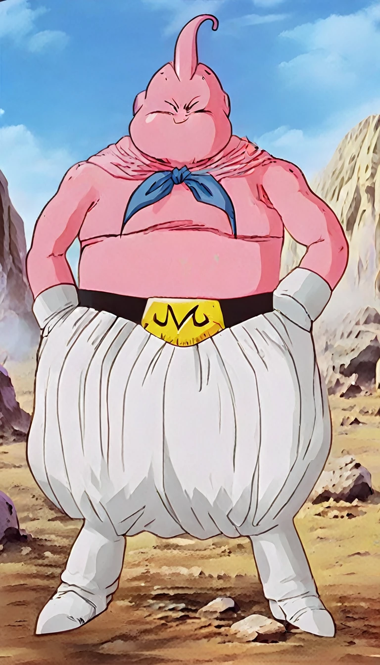 solo, majin buu,short, (musclar:3),(angry:2),fighting_stance,in wasteland,destroyed rock,(soft shading), 4k, hi res, ((detailed face, (detailed eyes:1.0), detailed)), (full body), looking at viewer, 1boy, upper body, male focus,white_pants,nude,(topless:1.5),( shirtless:2.5),torn clothes,bare pectorals, fighting stance,