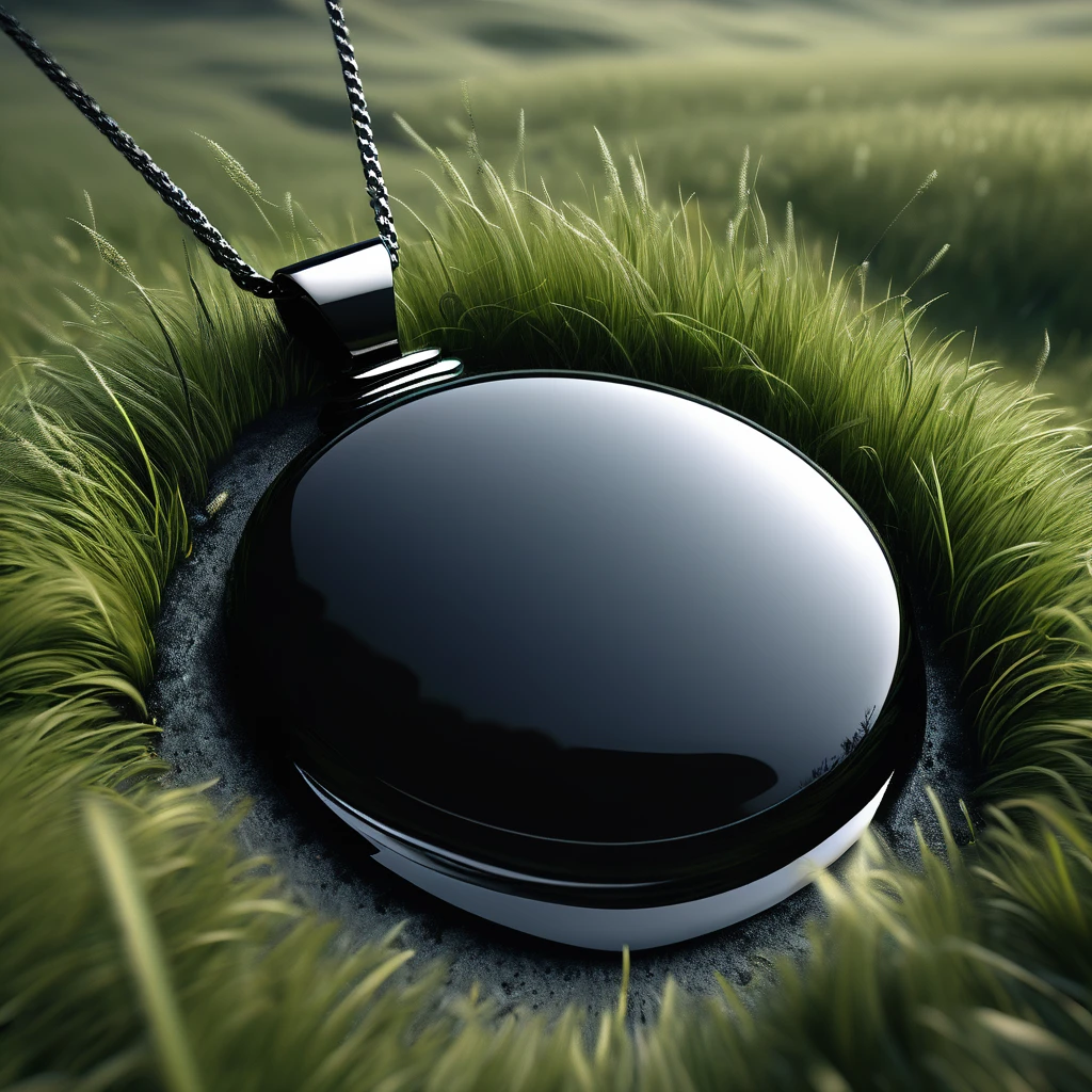 In the midst of a vast, windswept grass field lies a solitary black stone pendant. Its surface, round, smooth and polished, reflects the shifting hues a deep midnight black