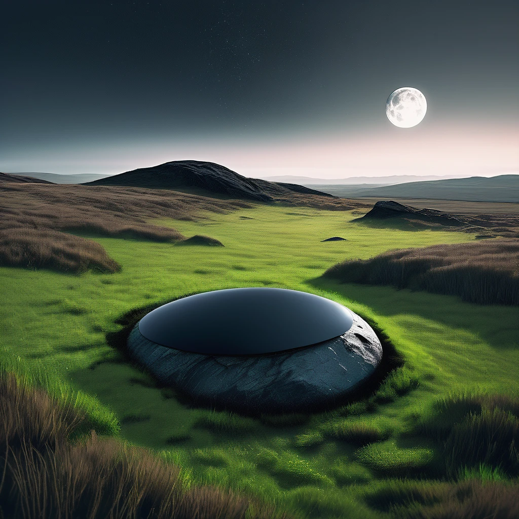 In the midst of a vast, windswept grass field lies a solitary black stone pendant. Its surface, round, smooth and polished, reflects the shifting hues a deep midnight black