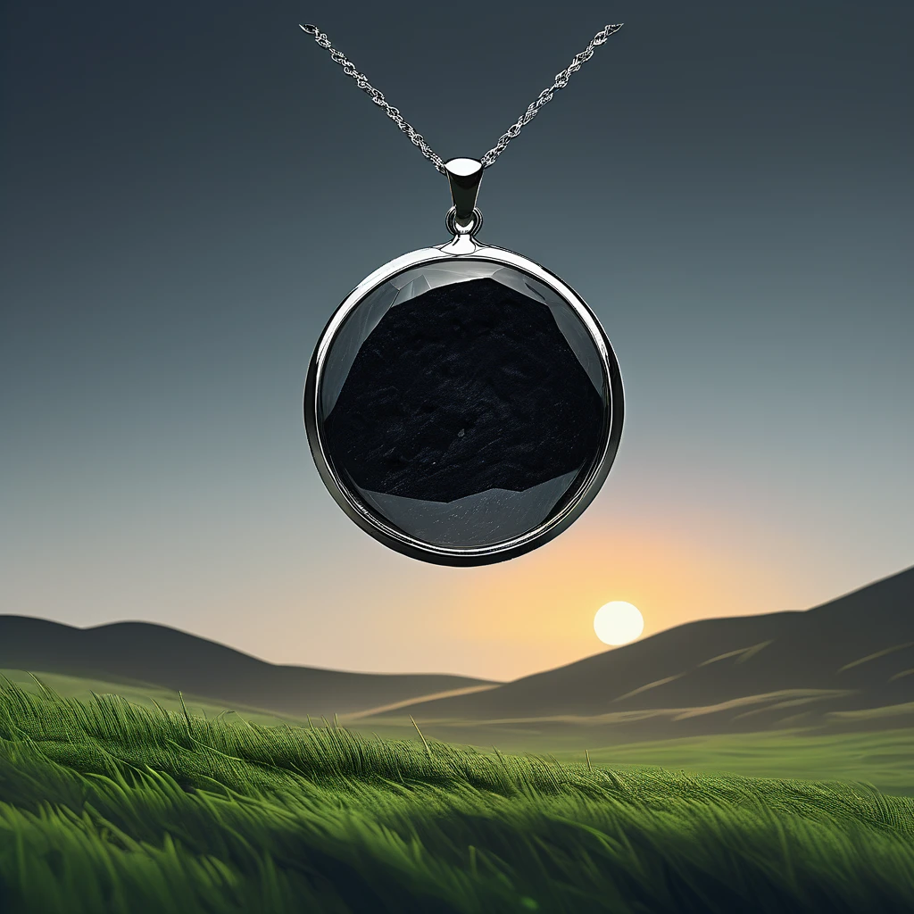 In the midst of a vast, windswept grass field lies a solitary black stone pendant. Its surface, round, smooth and polished, reflects the shifting hues a deep midnight black