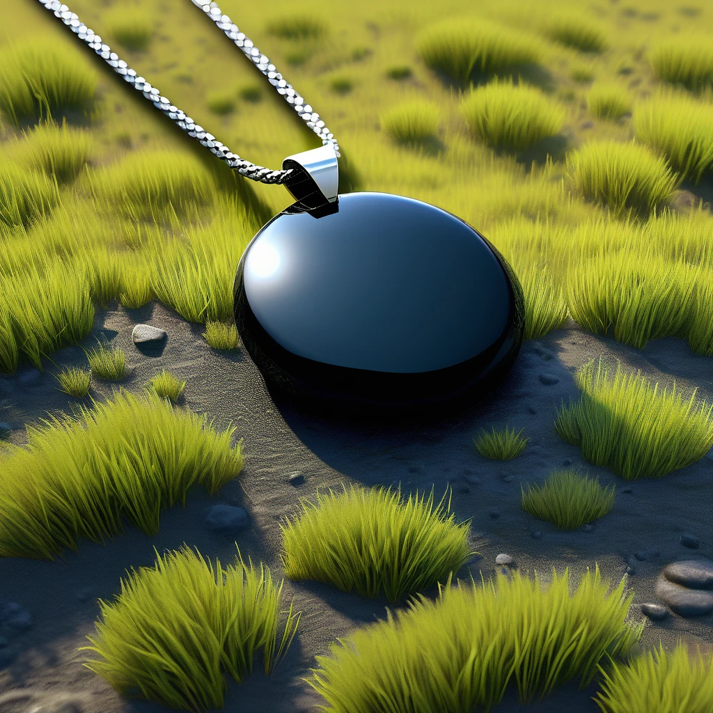 In the midst of a vast, windswept grass field lies a solitary black stone pendant. Its surface, round, smooth and polished, reflects the shifting hues a deep midnight black