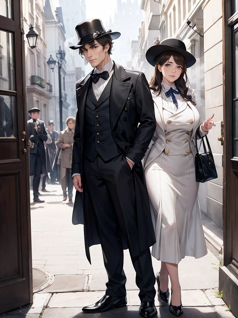 Sherlock Holmes & Watson: Two people dive into the world of deduction and adventure, infiltrating the hideout of villains. Baker Street, London. Sherlock, a lady with huge breasts, dressed in a brown frock coat and hat, stands side by side with Watson, a lady with large bust, wearing a white formal suit. Gentle elegance and wild smile amidst wind-blown mist, as they ponder mystery's secrets. Real faces, real bodies, and a real background of Victorian-era London, set the tone for a masterpiece.