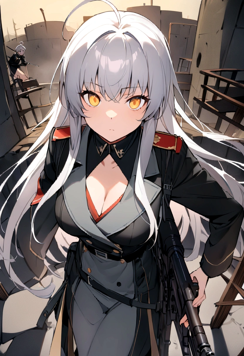 There are a lot of spies behind me.、Serious expression、action、(masterpiece, best quality:1.2),Expressionless、 1girl, 独奏,Black military uniform、Grey long hair、Ahoge、Yellow Eyes、Ready your gun?、sniper rifle、Background of military bases、Fisheye Lens(masterpiece, best quality:1.2),Expressionless、 1girl, 独奏,Black military uniform、Grey long hair、Ahoge、Yellow Eyes、Ready your gun?、sniper rifle、Background of military bases、Fisheye Lens、Cat ear、Dynamic pose、Dynamic Angles、Looking at the battlefield from a watchtower