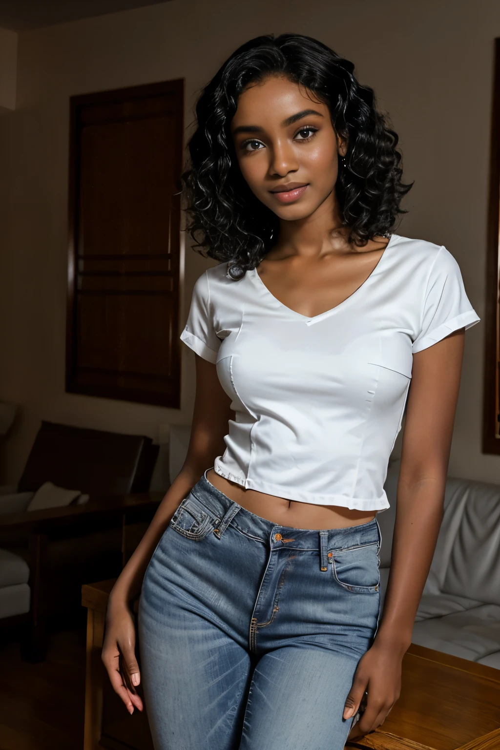 (Sudanese teen model), young, youthful, teen, jeans, white camisole, pretty, beautiful, gorgeous, thin, skinny, dainty, delicate, in a living room at night, studio lighting, face focus, 3/4 portrait, curly hair