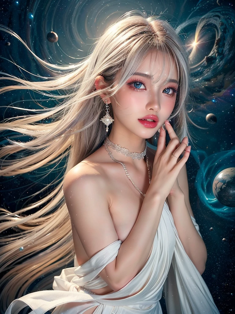 4K Ultra HD, masterpiece, A girl with a magical aura, Nice face, Long Hair, Shiny Hair, fine grain, Glossy Lips, Nude 1.5, Aura around the body, Magical Effects, Spreading white light, Cosmic elements and ethereal atmosphere, A mix of bright lights and colorful nebulae, Space Background,, Full Body Capture.Whitening、Silver Hair、(((Naked and wearing white cloth 1.5)))、Hair and fabric blowing in the wind、(((Nude 1.5)))、(((Place your right hand on your mouth 1.4)))、Bust up photo、(((Feeling Ecstasy 1.85)))、See-through 1.4