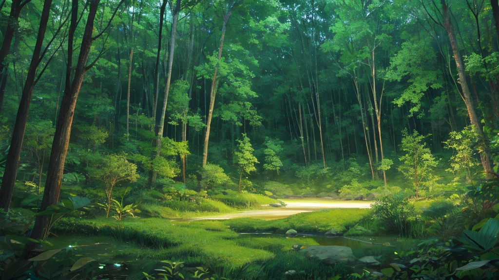 A forest at night where you can hear the murmuring of a river、I can hear the sound of rain
