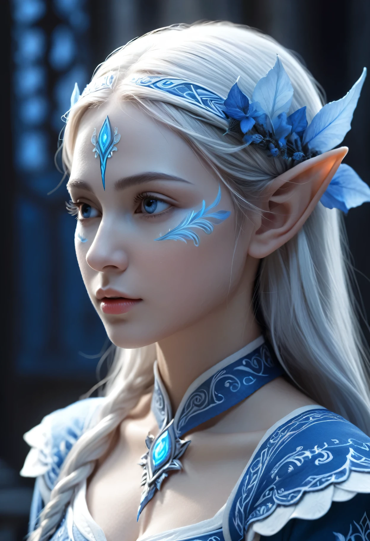 Portrait of an elf entering a dark fantasy world, elaborately painted face, blue and white world, elf painted in blue and white, elf profile, glowing details, intricate detail rendering, 3D rendering, Octane render, breathtakingly beautiful CG.