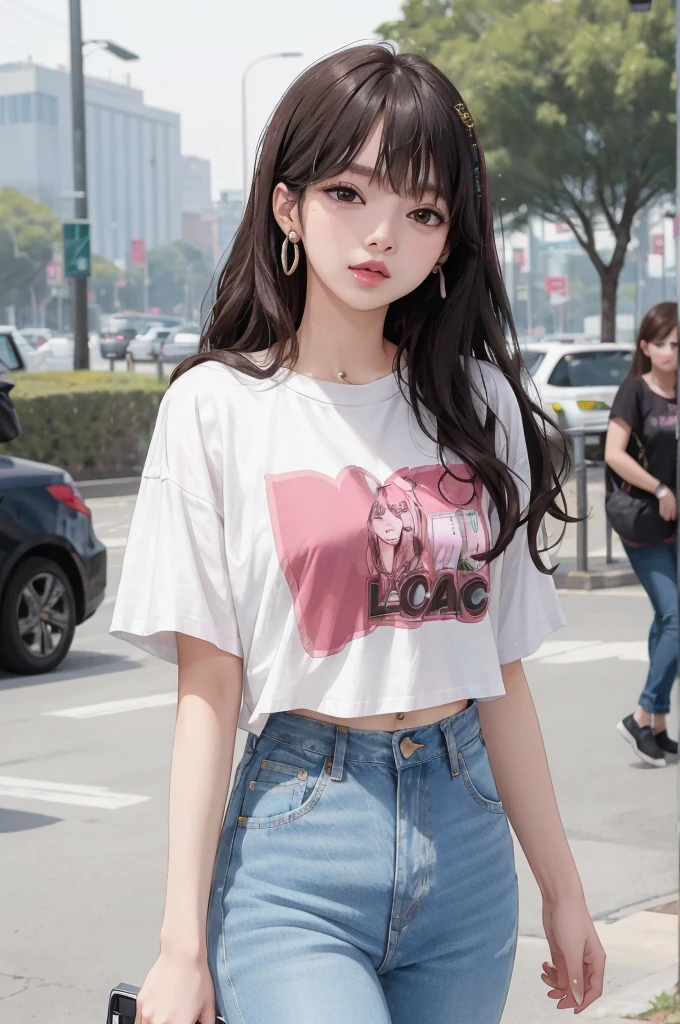 (1girl:1.3), solo, __body-parts__, Kim Ji-ni Jennie face, babes style, playful cute, top pink cropped waist-print kitten T-shirt, hot pants, white socks, sneakers, 8k resolution image, intricate symmetry details