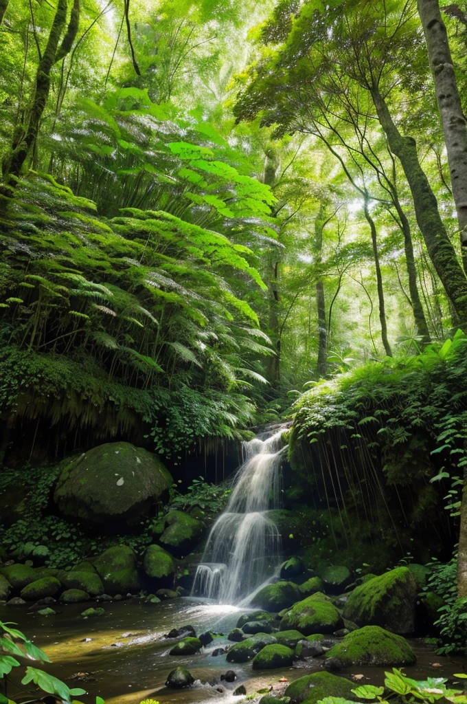 trees, plants, lush green foliage, vibrant flowers, towering trees, dense forest, sunlight filtering through the leaves, blooming blossoms, colorful petals, chirping birds, gentle breeze, rustling leaves, shades of green, moss-covered rocks, ferns and mosses, wildflowers, fresh air, tranquility, natural habitat,clouds nature