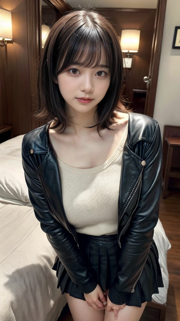 masterpiece, best quality, illustration, Super detailed, fine details, High resolution, 8K,wall paper, perfect dynamic composition, front view, upper body, Upper body only, slatternly posture, She is staring at us with teary eyes., 18 year old girl, Gravure Idol, cute type, (Details High quality, realistic depiction of eyes:1.3), revealing clothes, short bob hair, bangs, black hair color, Dark makeup, Big Natural Color Lip, perfect body shape, plump figure, beautiful clavicle, Black leather jacket, Knit sweater that goes all the way down to the neck, pleated skirt, hotel room, drinking party, Drunk and disorderly.